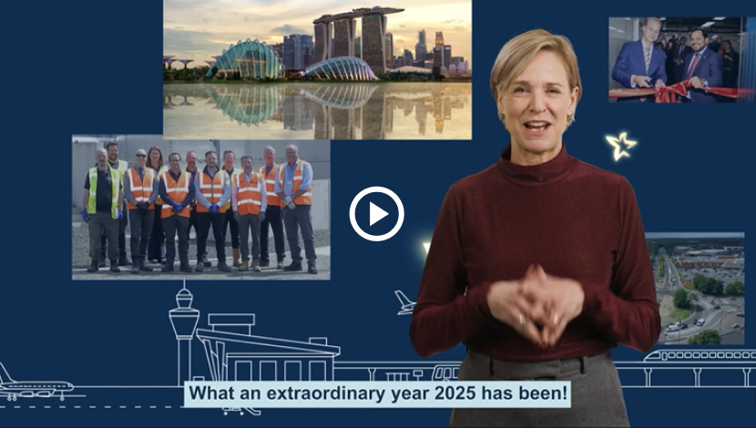 Collage with drawings, buildings and people in the background, with CEO Marije Hulshof shown in front next to a play button.